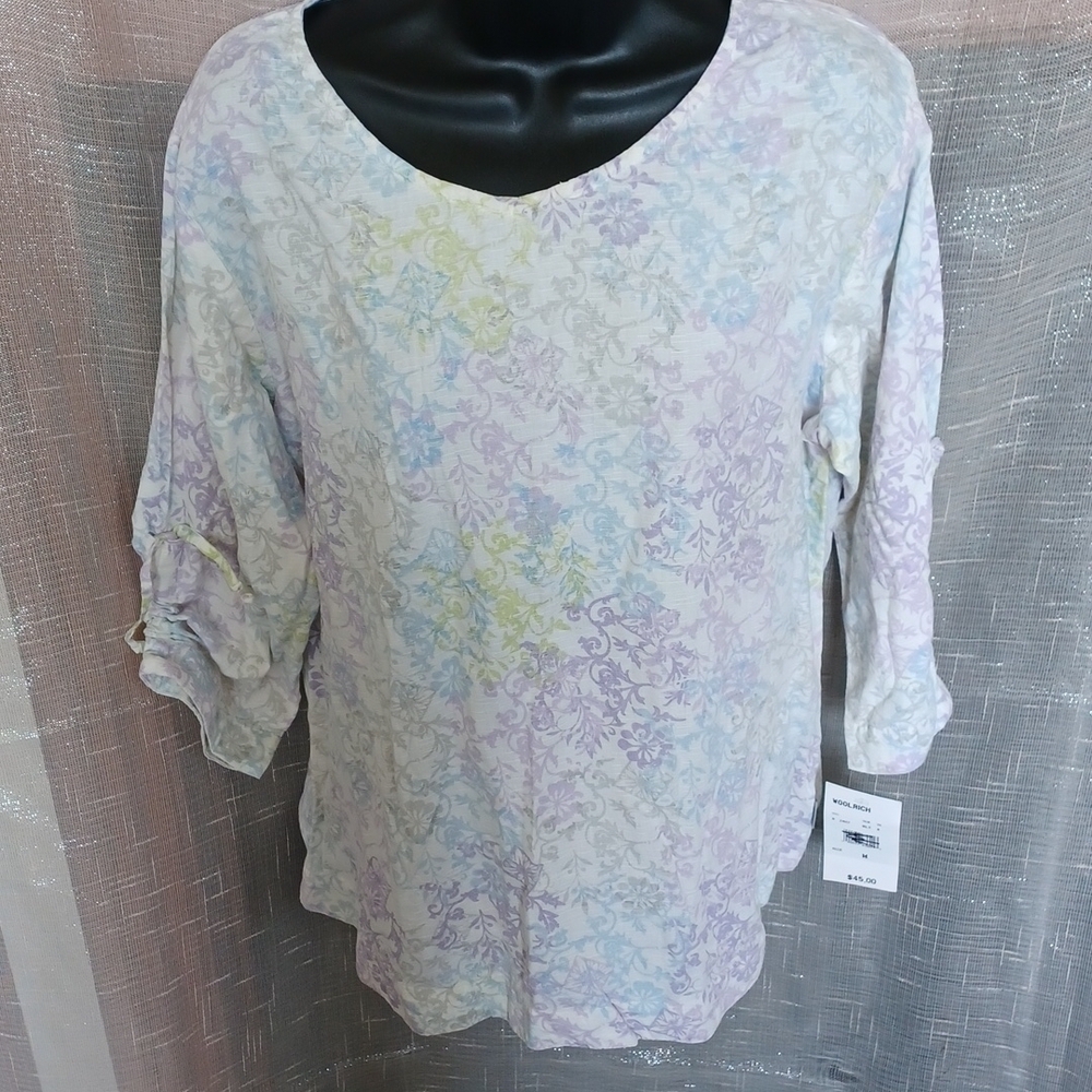 Woolrich Tamia Pullover tunic, adj 3/4 length sleeve,  colorful, 21" PTP, 25" L
